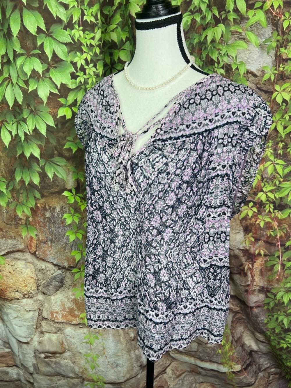 REBECCA TAYLOR Summer Designer Black and Lilac Double Tie Neck Print Blouse, 12 - Picture 4 of 12